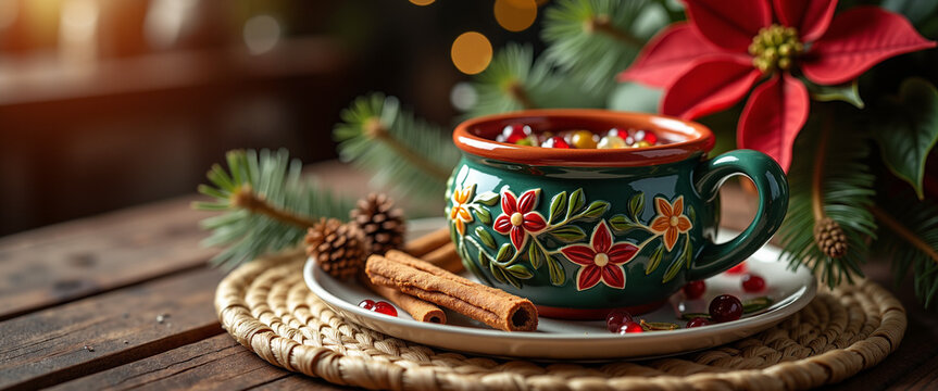 Warm ponche navideno served in colorful clay mug with cinnamon stick  