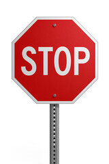 Obraz premium A 3D rendering of a red stop sign with white border and bold STOP letters, mounted on a gray pole, isolated on a white background with soft shadows.