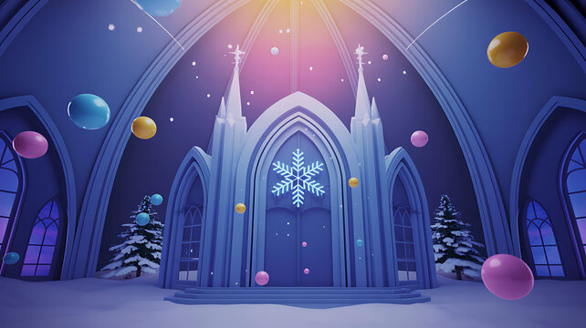 Magical winter wonderland ice palace with glowing snowflake window and festive balloons