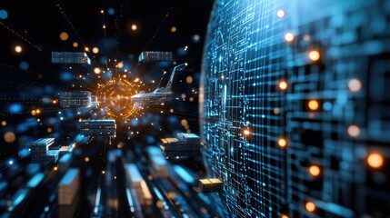 Obraz premium Illustrates a hyper-realistic global network with a cargo ship, plane, and flying train cars loaded with shipping containers inside a globe
