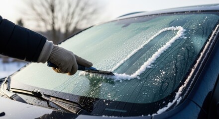 A gloved hand scrapes snow off a car windshield on a cold winter day. The scene captures the essence of winter weather and vehicle maintenance.