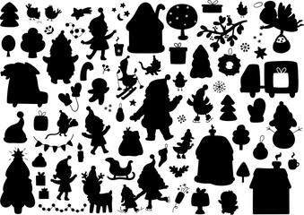Vector Christmas silhouettes clipart set. New Year black icons collection with Santa Claus, elves, deer, fir tree, presents, house, animal, snowman. Cute illustrations for kids. Winter holiday design