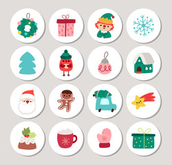 Christmas round cards set with Santa Claus, elf, tree, presents, snowflake, ball, house, mitten. Vector New Year highlight icons. Design for tags, ads, social media with winter holiday symbols