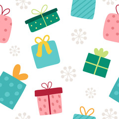 Vector Christmas seamless pattern. New Year repeat background with gift or present boxes, snowflakes. Cute festive digital paper for kids. Winter holiday texture with traditional symbol