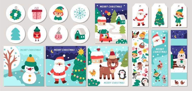 Cute Christmas cards set with Santa Claus, elves, deer, fir tree, presents, animals, snowman. Vector New Year square, round, vertical print templates. Winter holiday design for tags, postcards, ads