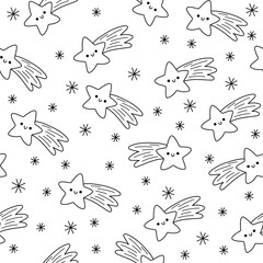 Vector black and white Christmas seamless pattern. New Year line repeat background with falling stars, snowflakes. Coloring page, digital paper for kids with holiday night concept. Winter texture