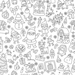 Vector black and white Christmas seamless pattern. New Year line repeat background with Santa Claus, elves, deer, tree, presents, house, snowman. Coloring page for kids. Winter holiday digital paper