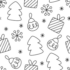 Vector black and white Christmas seamless pattern. New Year line repeat background with fir tree, presents, snowflakes, balls. Coloring page, digital paper for kids. Winter holiday texture