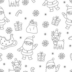 Vector black and white Christmas seamless pattern. New Year line repeat background with Santa Claus, deer, sledge. Cute festive digital paper for kids. Winter holiday coloring page