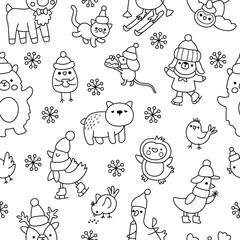 Vector black and white Christmas seamless pattern. New Year line repeat background with holiday animals. Cute festive digital paper for kids with penguin, deer, bear. Winter coloring page