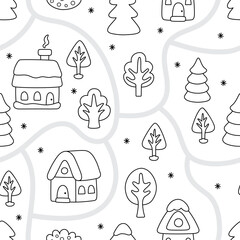 Vector black and white New Year seamless pattern. Repeat line background with Christmas village map. Cute festive digital paper for kids. Winter holiday coloring page with road, path, house, trees
