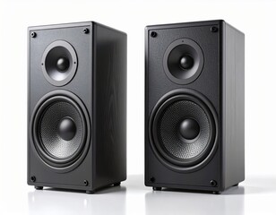 Two Black Wooden Speakers on Reflective White Background in Studio Lighting