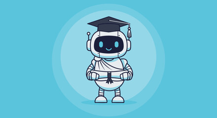 Charming cartoon robot graduate holding diploma with graduation cap on blue background, representing artificial intelligence education and academic achievement