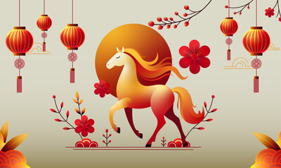 Chinese New Year horse illustration with lanterns and floral decoration