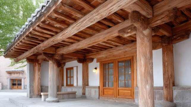 Close up architectural detail of weathered wooden temple eaves and support columns with textured walls and double doors under natural daylight