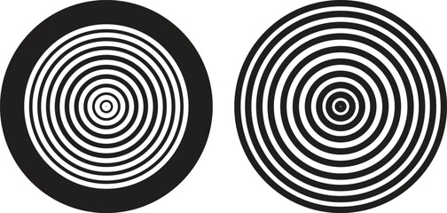 Black circular spiral abstract shape set, optical line art collection, geometric concentric circle group, hypnotic vortex round pattern, minimal flat vector design element bundle