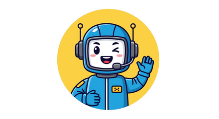 Friendly Blue Robot with Antennae and Headset Winking and Waving, an Adorable Robotic Character Illustration