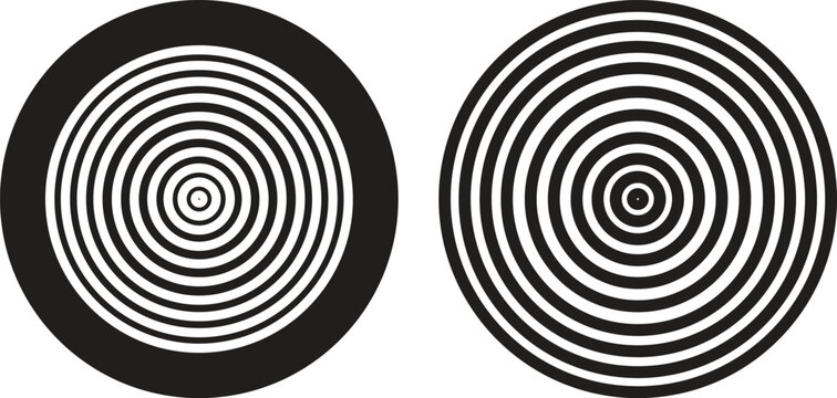 Black circular spiral abstract shape set, optical line art collection, geometric concentric circle group, hypnotic vortex round pattern, minimal flat vector design element bundle