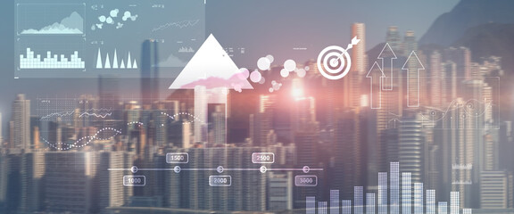 Modern abstract Blurred modern economic growth. Arrows up on city background