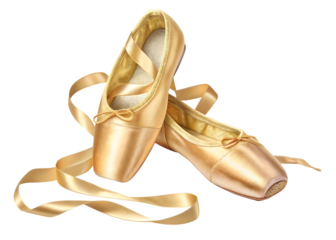 Elegant golden ballet pointe shoes with flowing ribbons isolated on transparent background