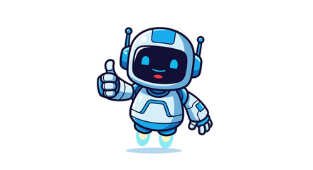 Cute blue robot character giving a thumbs up, indicating approval and success, with small jet boots propelling it upwards