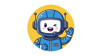Cute blue astronaut waving hello with a wink, vector cartoon illustration with a friendly and approachable persona