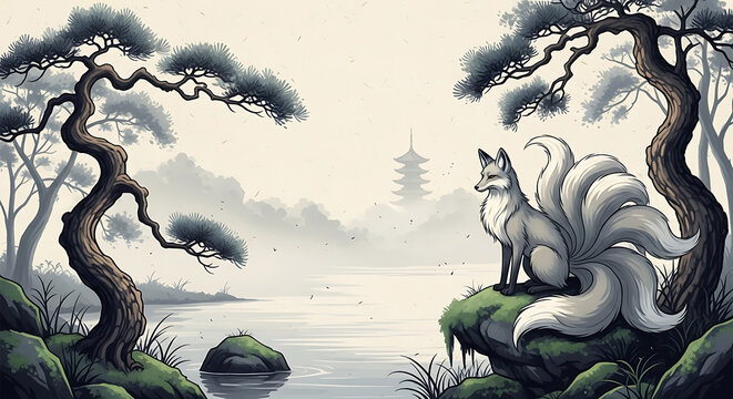 A mystical nine-tailed fox, or kitsune, sits by a tranquil lake in a traditional Japanese ink wash landscape with a pagoda in the mist.
