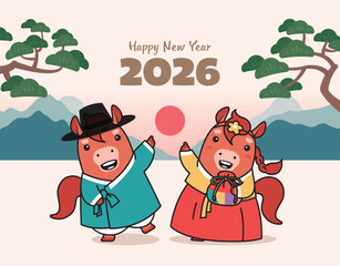 Happy New Year 2026, Red Horse Characters in Hanbok Holding Fortune Pouches Illustration