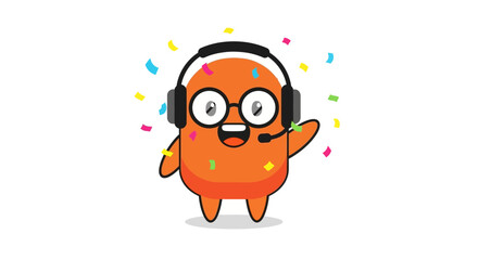 Cute orange cartoon character with headphones and a microphone, celebrating with confetti