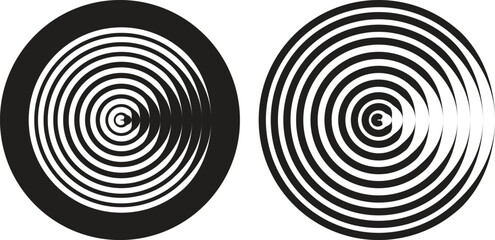 Black circular spiral abstract shape set, optical line art collection, geometric concentric circle group, hypnotic vortex round pattern, minimal flat vector design element bundle