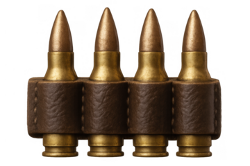 Four rifle cartridges in a brown leather bandolier holding ammunition for hunting or war, transparent background