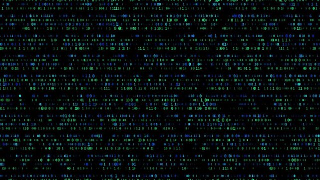 Abstract futuristic binary code animation with colorful glowing data flow, symbolizing AI, digital technology, programming, cybersecurity, and virtual network, seamless loop with alpha channel