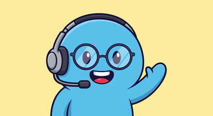 Friendly Blue Cartoon Character Wearing a Headset and Glasses, Waving Hello