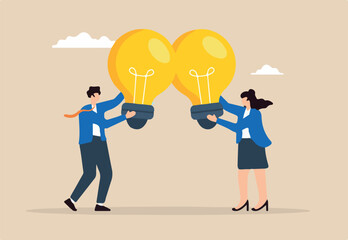 Flat illustration of businessman and businesswoman combine lightbulb together symbolizing synergy and collaborative idea