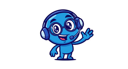 Cute blue cartoon character with headphones and microphone waving hello, perfect for customer service and support themes