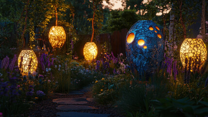 Beautiful garden filled with upcycled sculptures, glowing lanterns, and vibrant flowers creates magical atmosphere at dusk