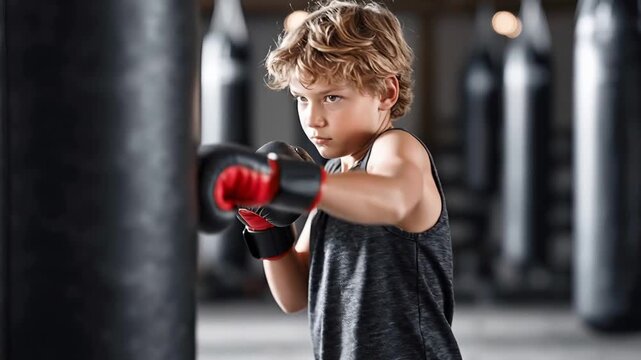focused young boy training boxing with gloves at gym