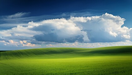 Fototapeta premium Minimalist Landscape Painting Of Cloudy Sky And Green Field