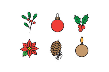 Creative Colorful Holly Branch Pinecone Mistletoe Poinsettia Christmas Ball Candle Vector Icon Illustration on White Background.