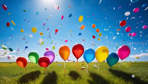 Happy National Punctuation Day Banner Shown With Various Vibrant Punctuation Marks Standing On A Green Field Under A Clear Blue Sky With Festive Confetti Falling Around Celebrating Grammar - Powered by Adobe