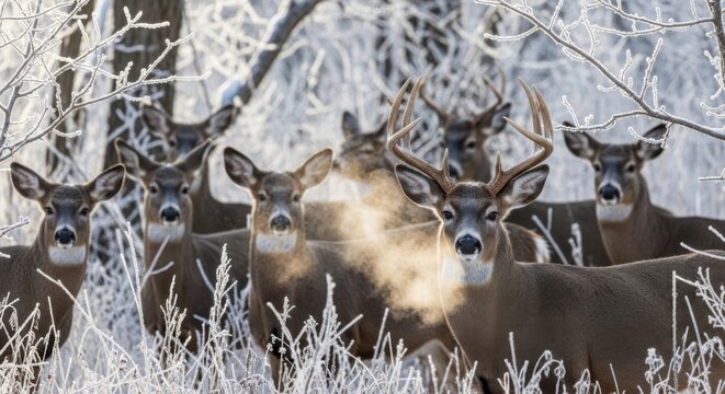 A group of white-tailed deer stands in a snowy forest. The deer have antlers and are surrounded by frosted trees. Their breath is visible in the cold air.