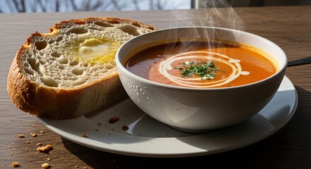 A bowl of steaming tomato soup with a swirl of cream and fresh herbs, accompanied by a slice of crusty bread on a wooden table.