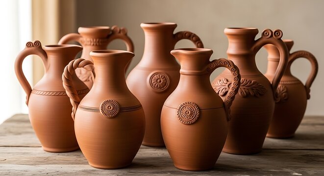 A collection of seven rustic clay pitchers are displayed on a wooden surface.