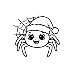Naklejka premium Cute spider wearing Santa hat on web, simple holiday coloring page for toddlers Generative AI