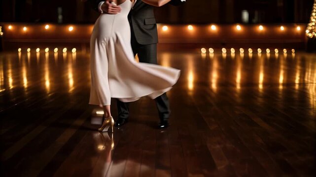 Elegant dance couple embrace, tango partner glide at romantic milonga night on polished wooden floor under warm lights, graceful motion in grand hall