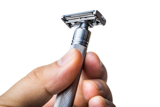 hand holding silver blue double edge safety razor isolated on a transparent background.PNG.GENERATIVE AI