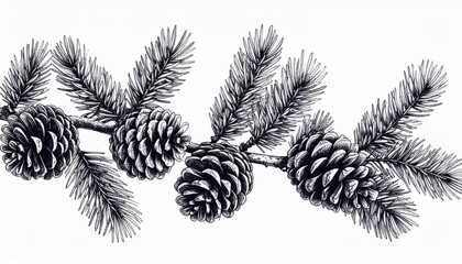 Detailed Ink Drawing of Pine Cones and Needles on White Background