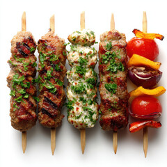 Gegrillte Fleischspieße auf Holzspießen in Draufsicht, isoliert auf weißem Hintergrund