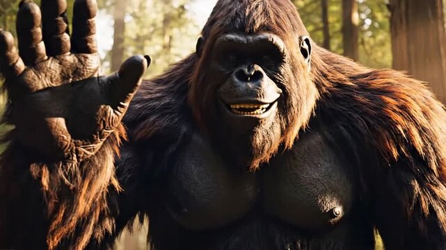 Friendly bigfoot waving hello in a sunlit forest