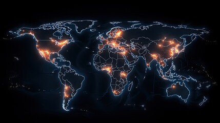 This 3D world map showcases vibrant orange connections linking countries, set against a dark backdrop for dramatic effect